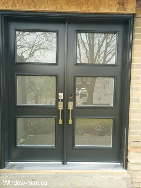 Double front entry insulated black modern exterior doors. Contemporary trendy shaker style black. Acid etched glasses. Sandblasted glasses. Dorothy retro collection shaker style